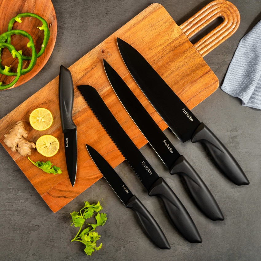 Fruitalite 7 Pc Stainless Steel Knife Set Kitchen with Acrylic Stand-  Non-Stick Coating, with Sharpener