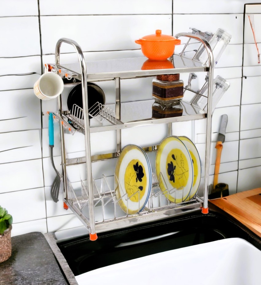 Stainless steel dish/glass drying rack on wall