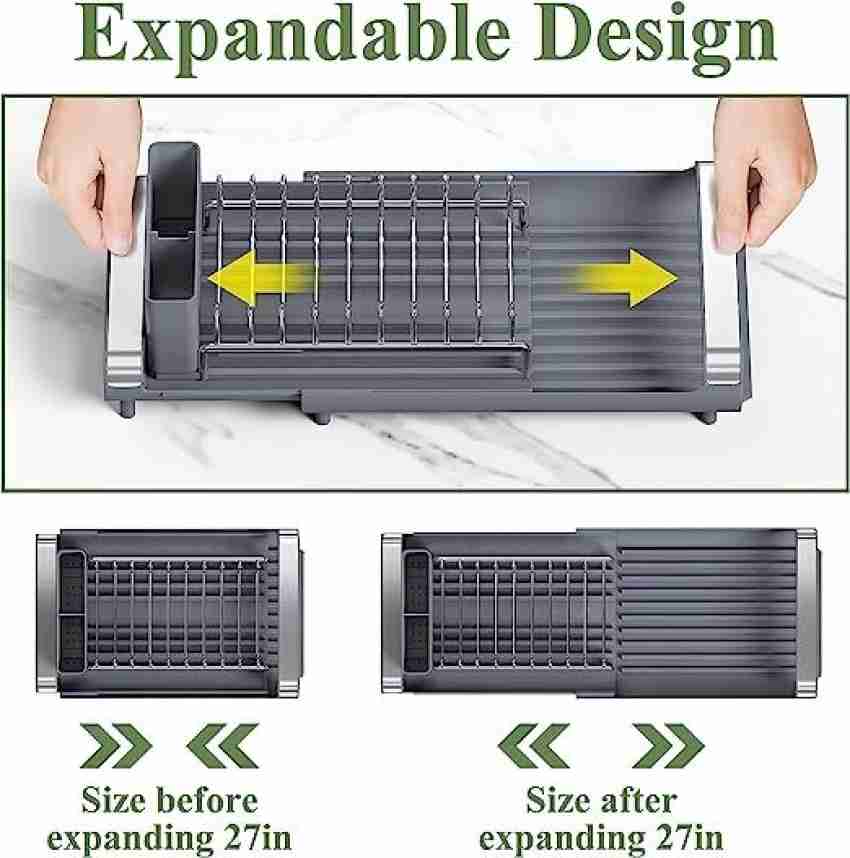 Dish Drying Rack,Kitchen Counter Expandable Dish Rack with Drainboard Spout  Grey