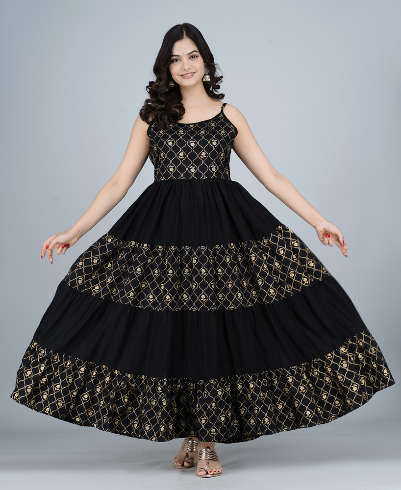 Rvexpo Women Gown Black, Gold Dress - Buy Rvexpo Women Gown Black ...