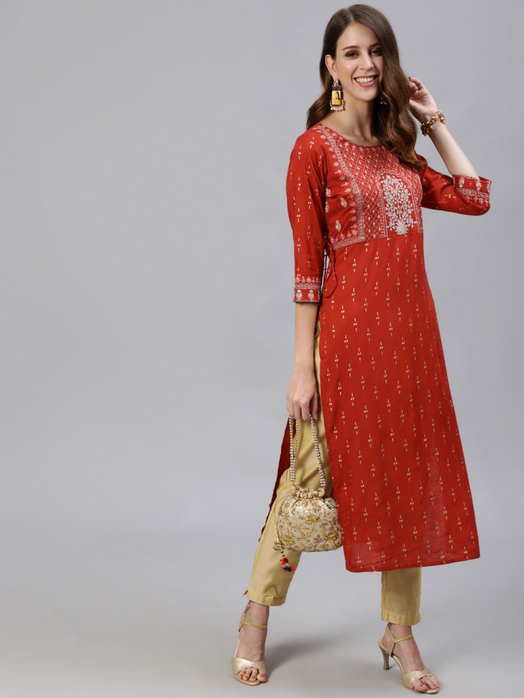 Scarlet Red Brocade Kurti With Straight Pants And Net Stone, 46% OFF