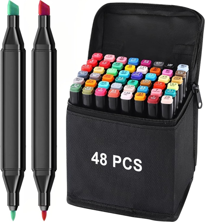 TRINGDOWN Dual Tip Art Markers 48 Colours with Carrying Case  for Painting Sketching - Dye Based