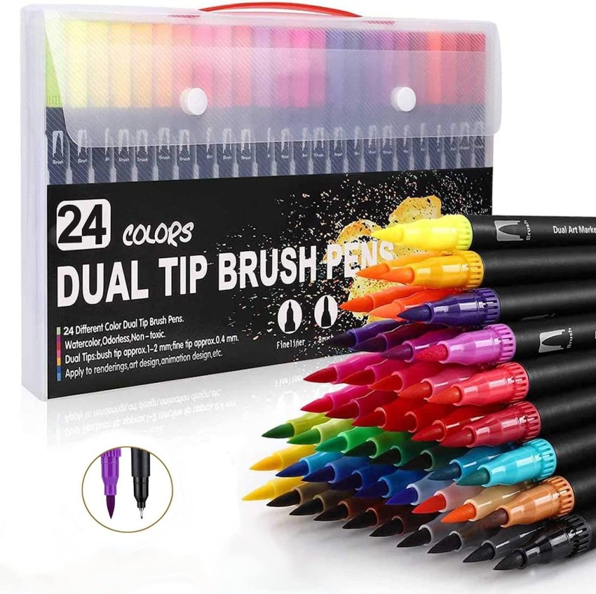 Corslet 24 Pcs Dual Tip Art Pens Color Dual Marker Brush  Water Based Marker for Drawing - Dual Tip Art Pens Color Dual Marker Brush  Pens 24 Colors, Water Based