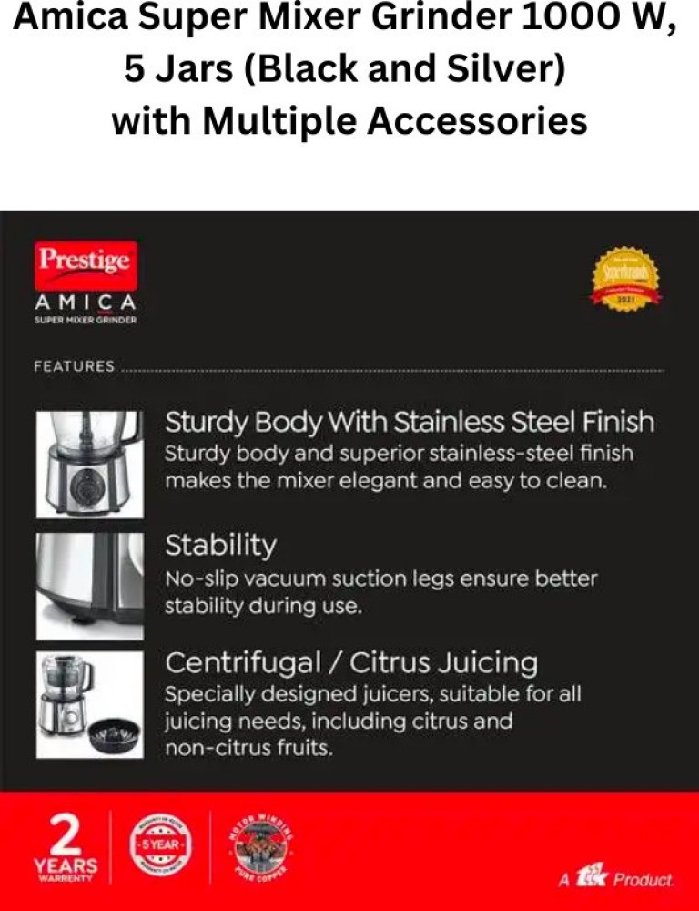 Amica Super Mixer Grinder 1000 W, 5 Jars (Black and Silver) with Multiple  Accessories