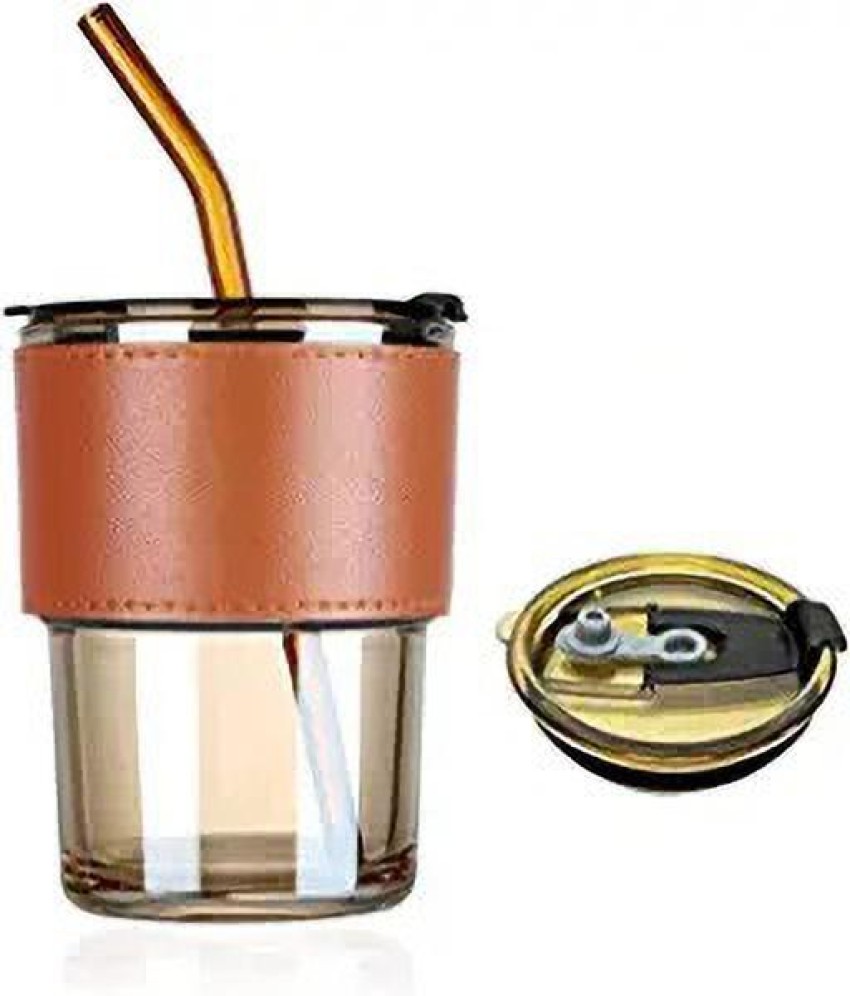 Square Glass Coffee Mugs Pack of 1 Drinking Glasses Sipper with Plastic Lids  and Glass Straws 400ml