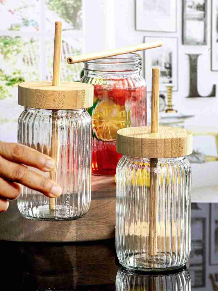 Clear Glass Skull Sipper Glasses With Lids & Straws Set Of 3