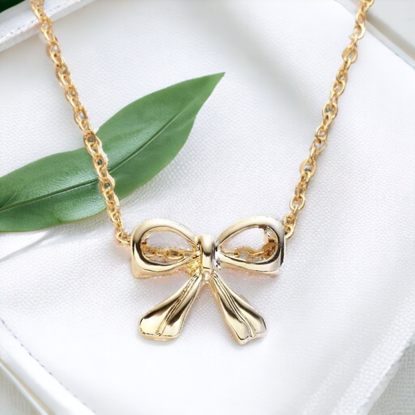 New 999 24K Yellow Gold Pendant Women 3D Gold Sweet Bow Necklace