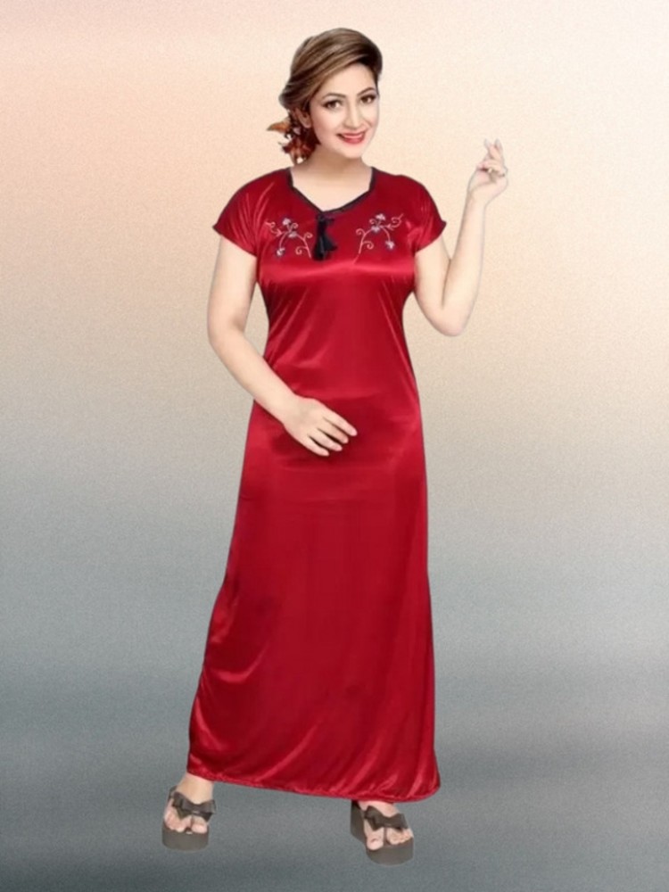 Buy Kavanng Women's Satin Solid Maxi Nightwear with Lace Neck and 3/4th Net  Sleeves, Approx Full Length, Women's Nighty Comfort Gowns, Night Wear (XXL,  Maroon) Online at Best Prices in India 