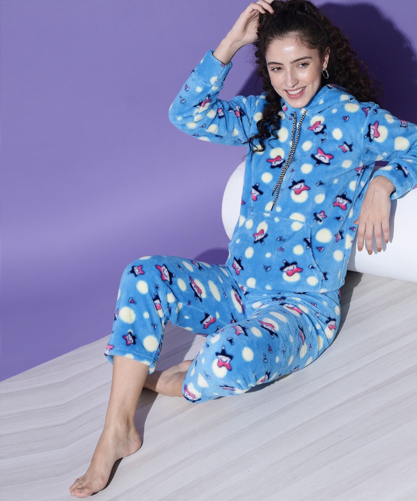 Fit N Fame Women Printed Light Blue Shirt Pyjama set Price in