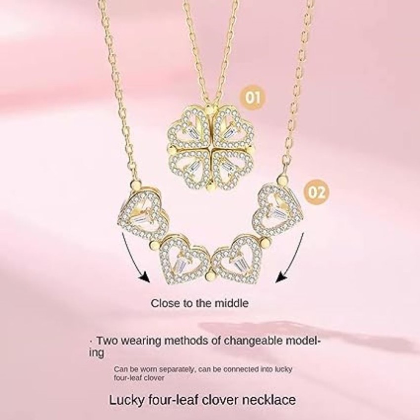 THE IMITATION Four Leaf Clover Necklace For Women Stainless Steel Gold  Chain Magnet Love Heart Pendant