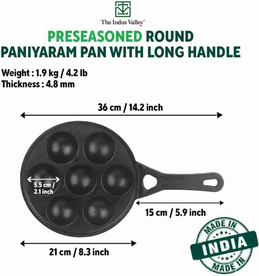 Paniyaram Pan Cast Iron - 7 Pit Round Induction Base. Long Handle