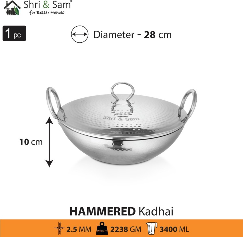 Heavy Gauge Stainless Steel Hammered Finish Kadhai, 2.4L and 24cm Diameter