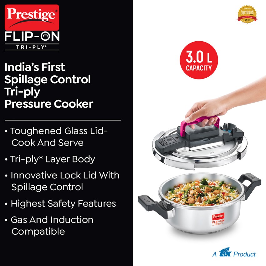 Stainless Steel Outer Lid Prestige Flip-On Pressure Cooker, For Home,  Capacity: 5 Litre