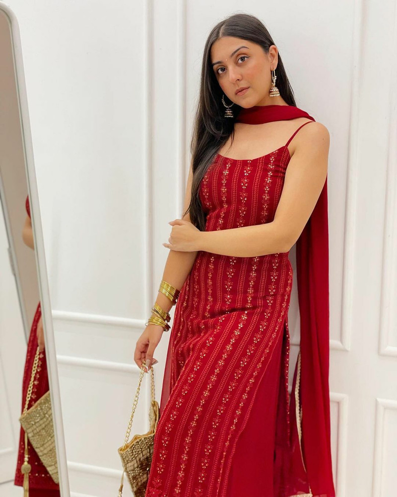 Round Neck Bright Red Embroidered Ladies Kurti