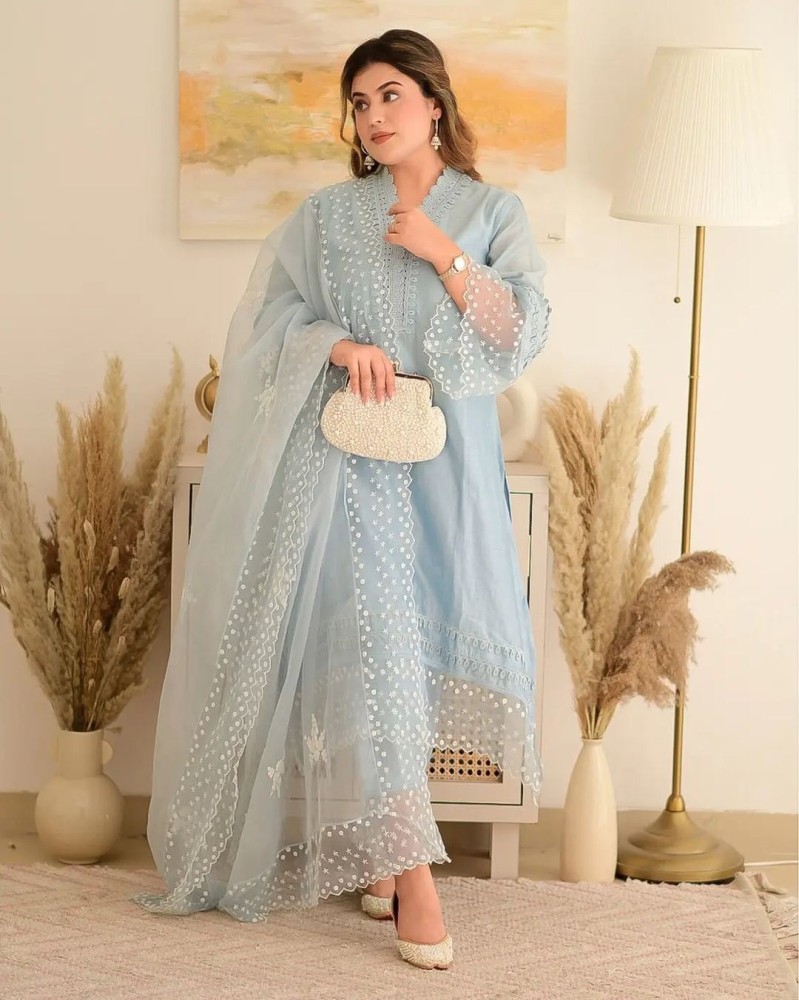 Buy ishin Womens Silk Blue Gota Patti Embroidered ALine Kurta set With  Trouser and Dupatta at Amazonin