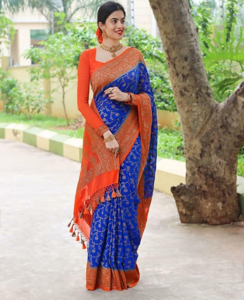 Orange & Navy Blue Color Half N Half Georgette Saree – Lady India