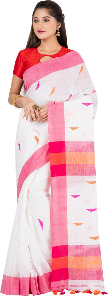 Buy SAYAN CREATION Striped Handloom Pure Cotton White, Pink Sarees