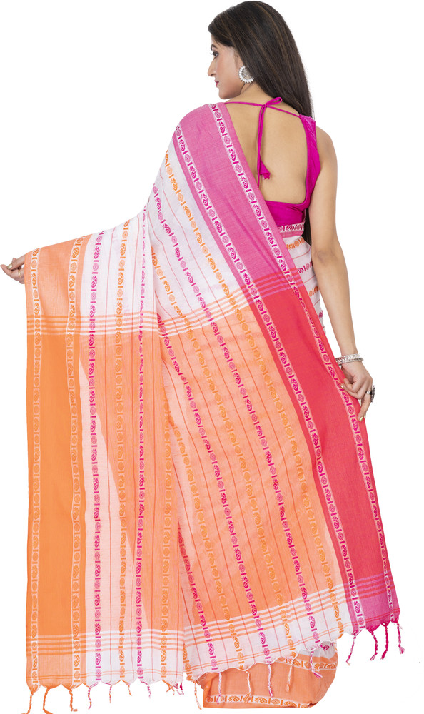 Buy SAYAN CREATION Striped Handloom Pure Cotton White, Pink Sarees