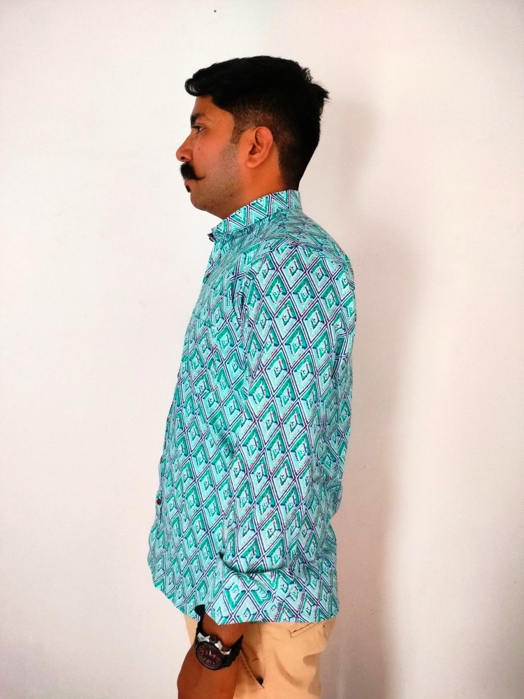 Casual Linen Mens Sanganeri Print Shirt, Full Sleeves