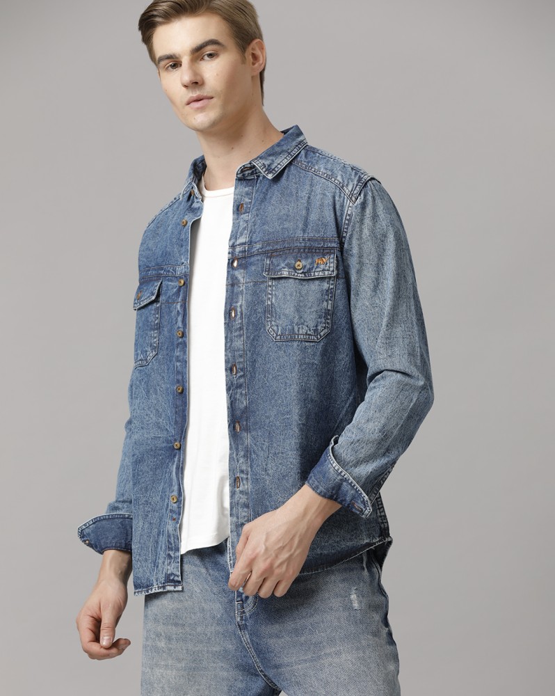 Temple Of Denim Men Solid Casual Blue Shirt