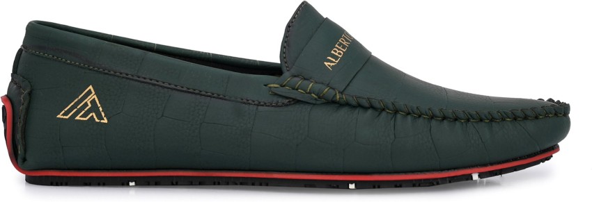 Alberto Torresi Genuine Leather Green Textured Loafers For Men