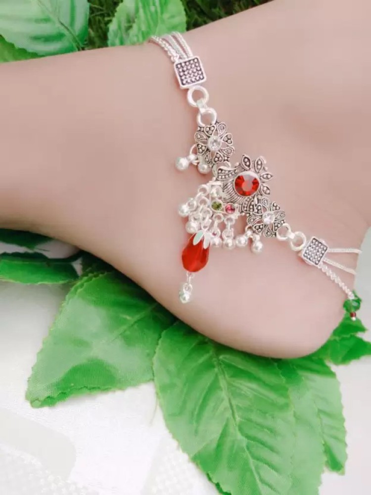 Pure Silver Nazarbattu Anklet in Red and Black Beads  Joharcart