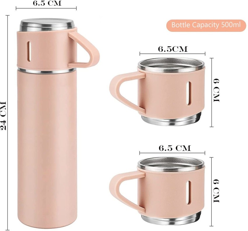 Pink Steel Vacuum Flask With 3 Tea Cup Combo (500ML) Best For