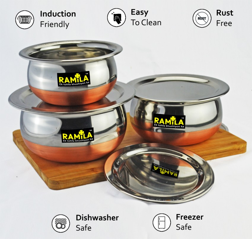 Dinner Set Stainless Steel Copper Bottom Handi Pot Pan 3 Piece Set  Combo/Steel 3 Handi Set ( Induction Bottom)