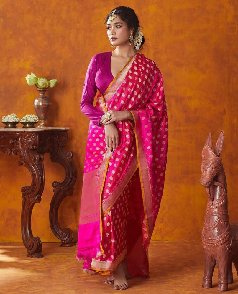 Buy Rani Pink Printed Semi Crepe Saree - Koskii