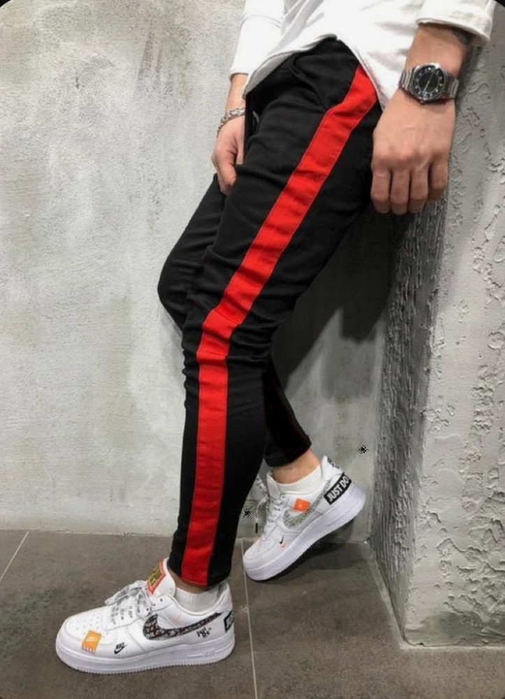 Black joggers red stripe mens clearance