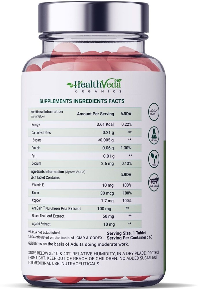 Health Veda Organics Biotin enriched with Vitamin B7  Vitamin H 10000  mcg 60 Veg