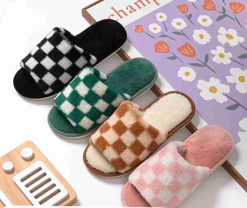 REFFER Women CUTE INDOOR FURRY SLIPPER WITH CHECKERED PATTERN FOR WOMEN'S  Slides - Buy REFFER Women CUTE INDOOR FURRY SLIPPER WITH CHECKERED PATTERN  FOR WOMEN'S Slides Online at Best Price - Shop