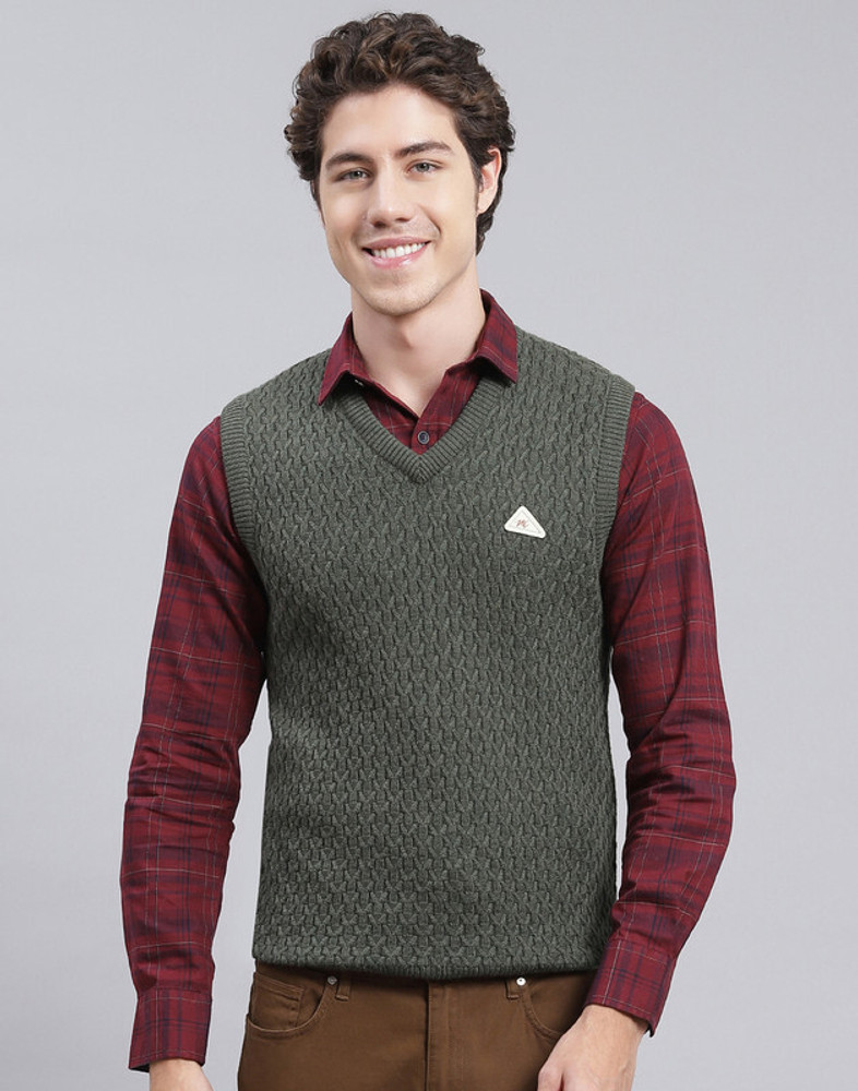 MONTE CARLO Self Design V Neck Casual Men Green Sweater Buy