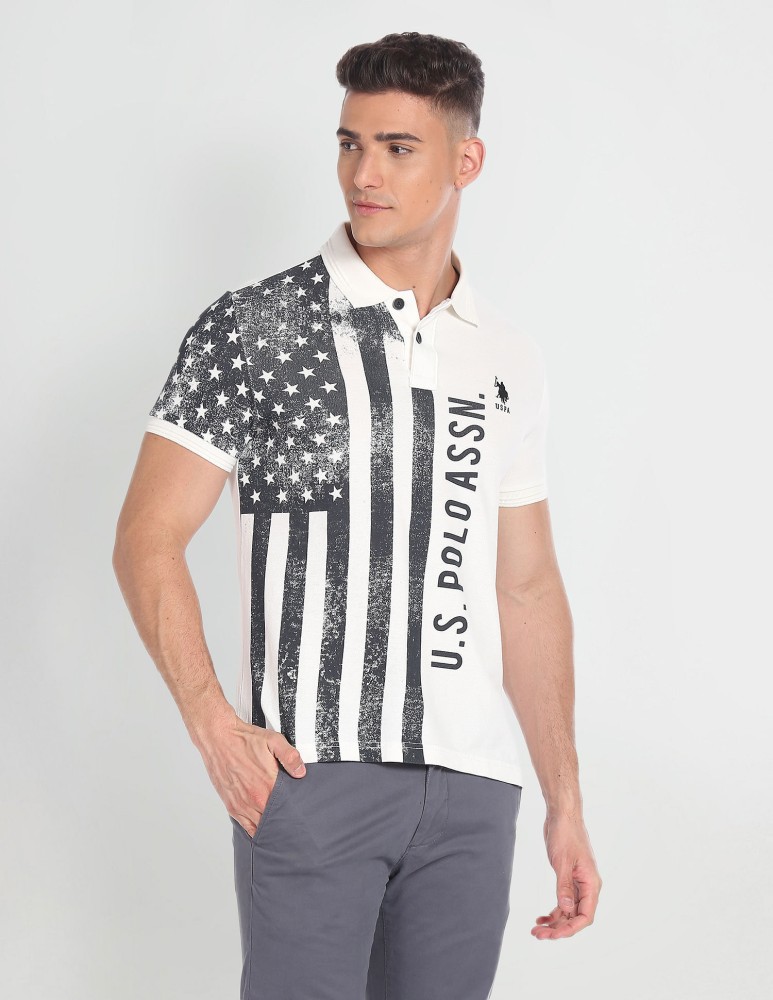 U.S. Polo Assn. Denim Co. Striped, Typography Men Polo Neck White