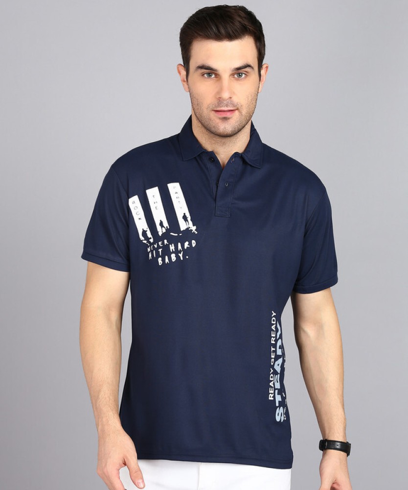 Men Blue Graphic Print Polo Neck T-shirt