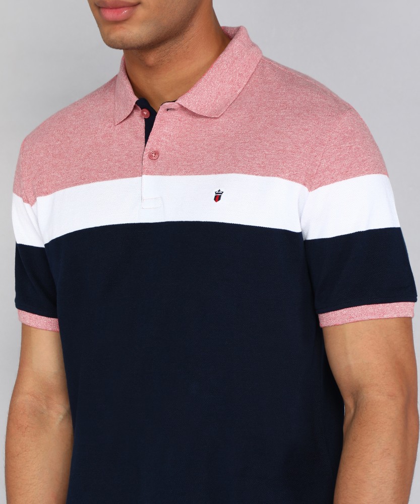 Louis Philippe Sport Striped Men Polo Neck Navy Blue, Pink T-Shirt