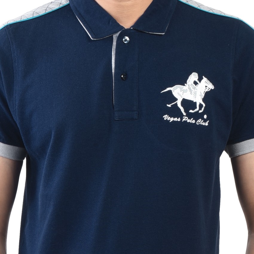 Ginash Printed, Typography Men Polo Neck Navy Blue T-Shirt - Buy
