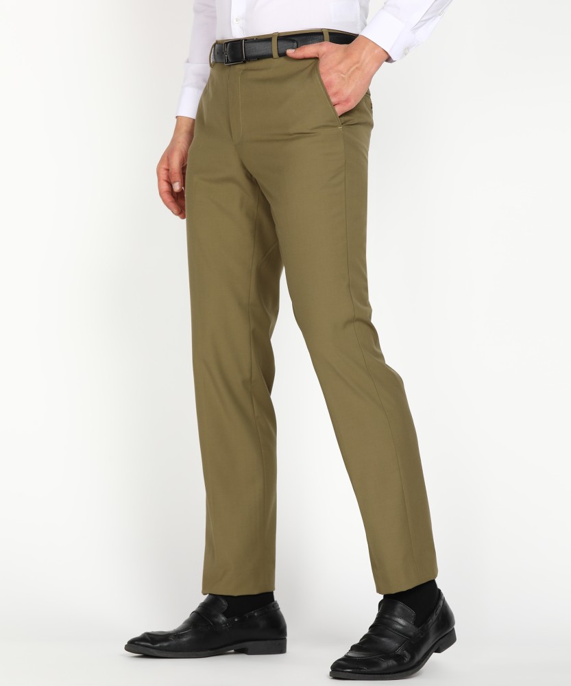 Hancock Men Olive Solids Pure Cotton Slim Fit Formal Trouser