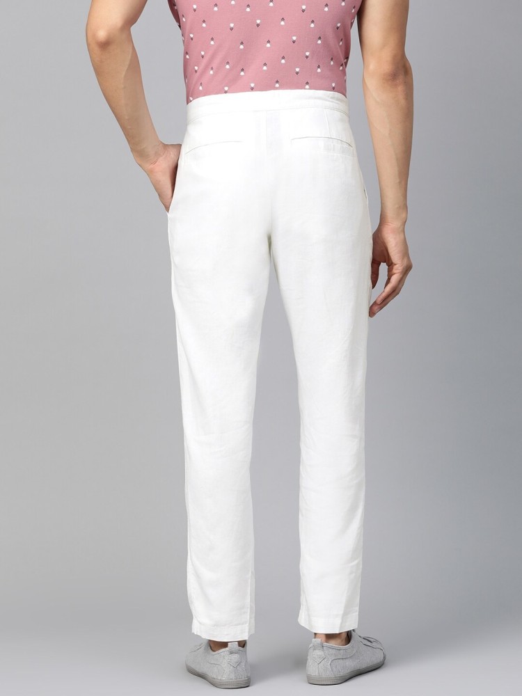 Linen Club White Casual MidRise Active Waist Trouser for men