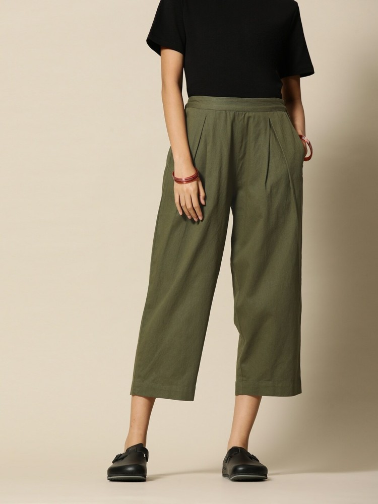 Buy Chemistry Olive Cotton Wide Leg Cropped Lounge Pant for Women Online   Tata CLiQ