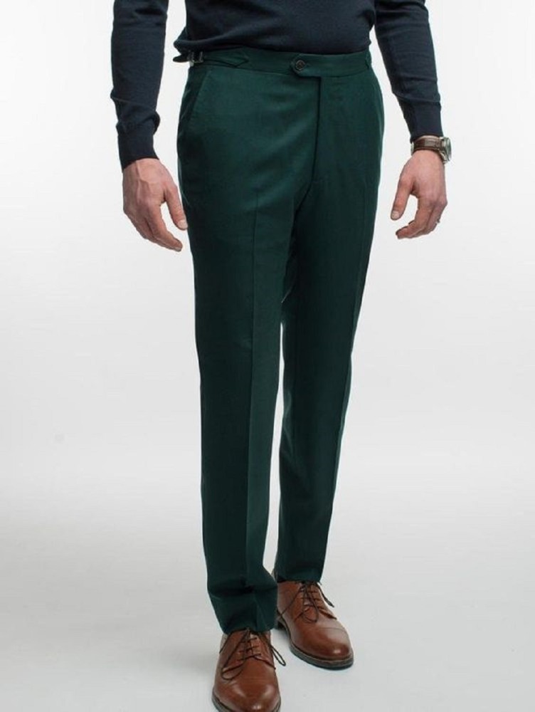 Seaweed Green Solid Italian Fit Cotton Blend Formal Trousers For Men  TAD