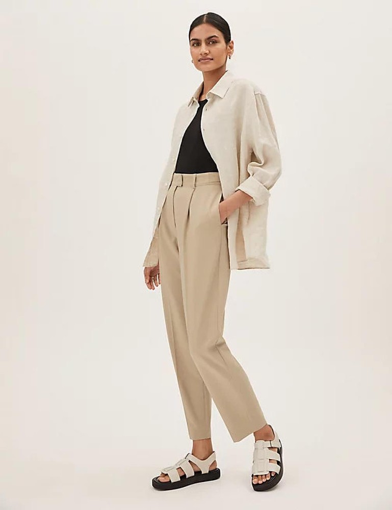 Marks  Spencer Trousers and Pants  Buy Marks  Spencer Cotton Mix Slim  Fit Cropped Trouser Online  Nykaa Fashion