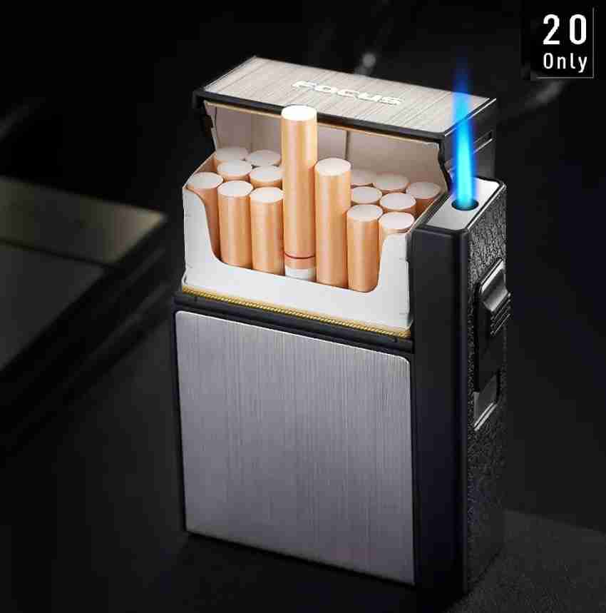 Retro Metal Leather 20 Cigarette Case Double Sided Spring Clip Open Pocket Cigarette  Lighter (gold)