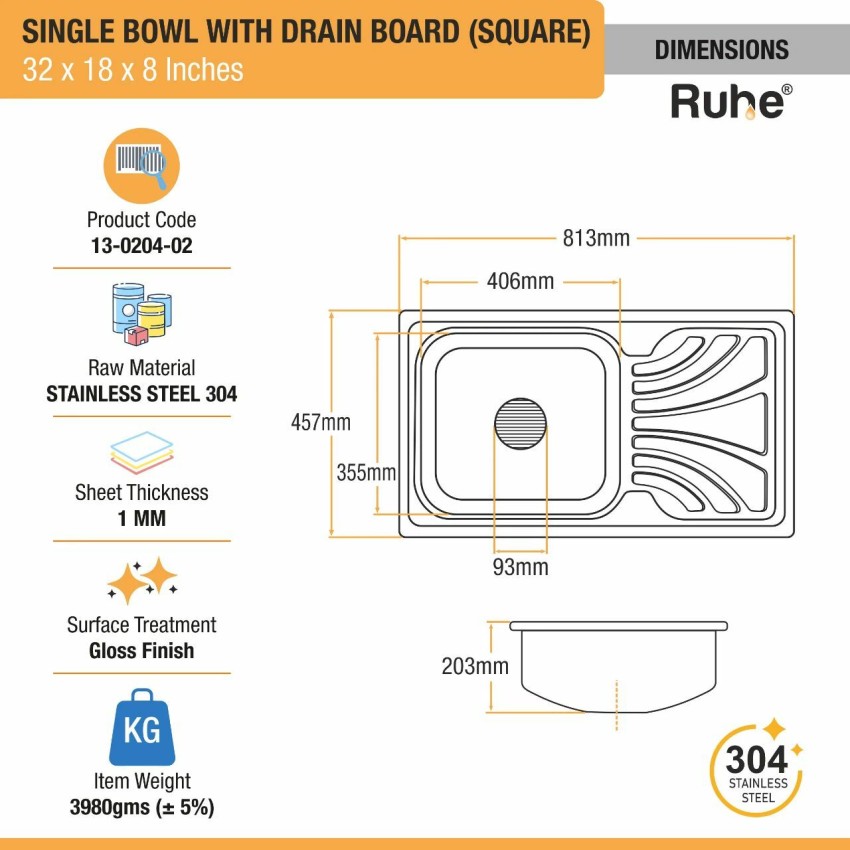 Square Single Bowl (37 x 18 x 8 Inches) Premium Stainless Steel Kitche –  Ruhe