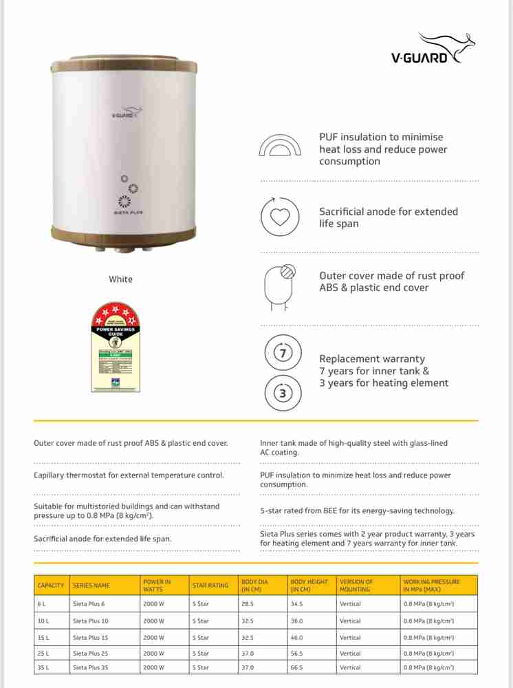 V-Guard 6 L Storage Water Geyser (SIETA PLUS 6 LT, White) Price in India -  Buy V-Guard 6 L Storage Water Geyser (SIETA PLUS 6 LT, White) online at  Flipkart.com