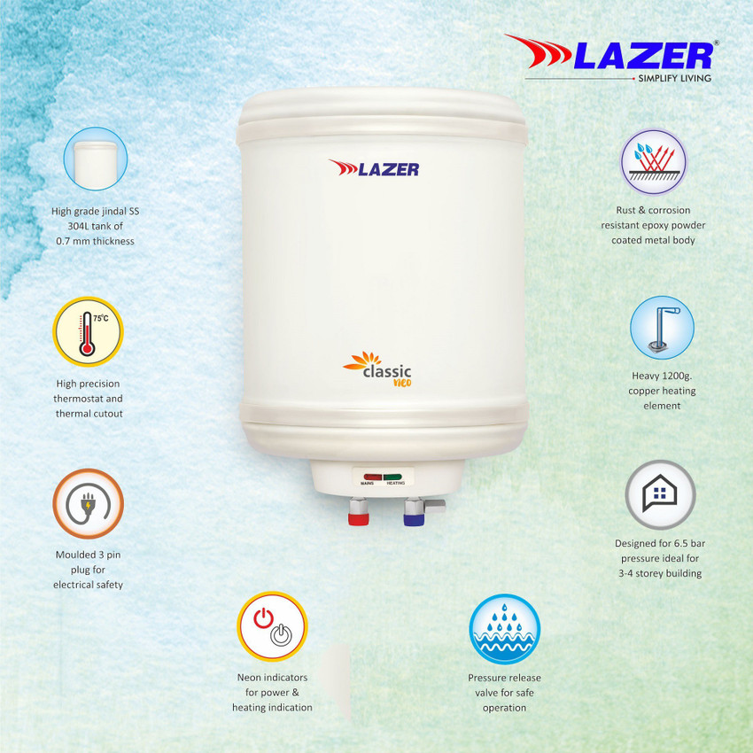 Lazer 15 L Storage Water Geyser (CLASSIC NEO Vertical, Ivory) Price in  India - Buy Lazer 15 L Storage Water Geyser (CLASSIC NEO Vertical, Ivory)  online at Flipkart.com