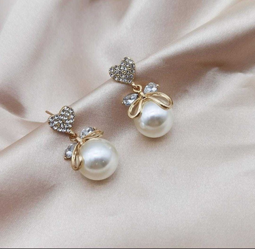 Pearl Earrings Design  Designer Danglers  American Diamond Earrings  Online  Myra Crystal Pearl Long Earrings by Blingvine
