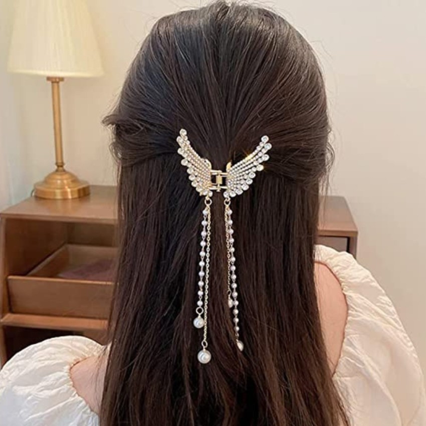 Dazzle Pearl Tassel Butterfly Style Hair Claw Clip Metal Clutcher Claw  Clamps Korean Style Wedding Hair Accessories For Girls And Woman (Pack of 1)