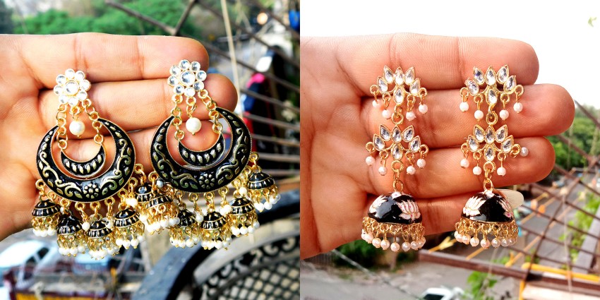 Buy CRUNCHY FASHION GoldPlated Leaf Meenakari Jhumka Black Stone Earrings  Alloy Online at Best Prices in India  JioMart