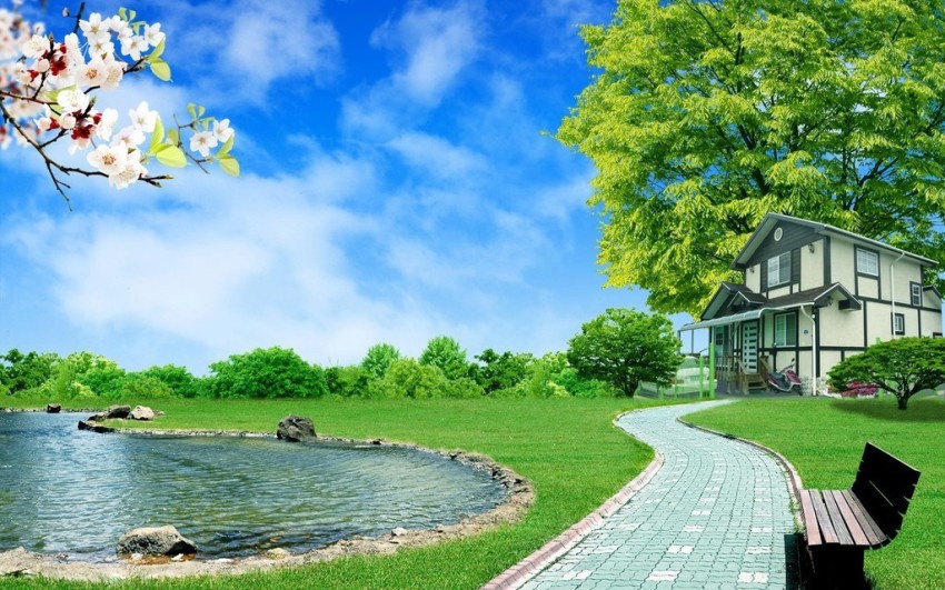 Natural Scene of Beautiful house near lake Vinyl Poster Paper Print - Nature  posters in India - Buy art, film, design, movie, music, nature and  educational paintings/wallpapers at 